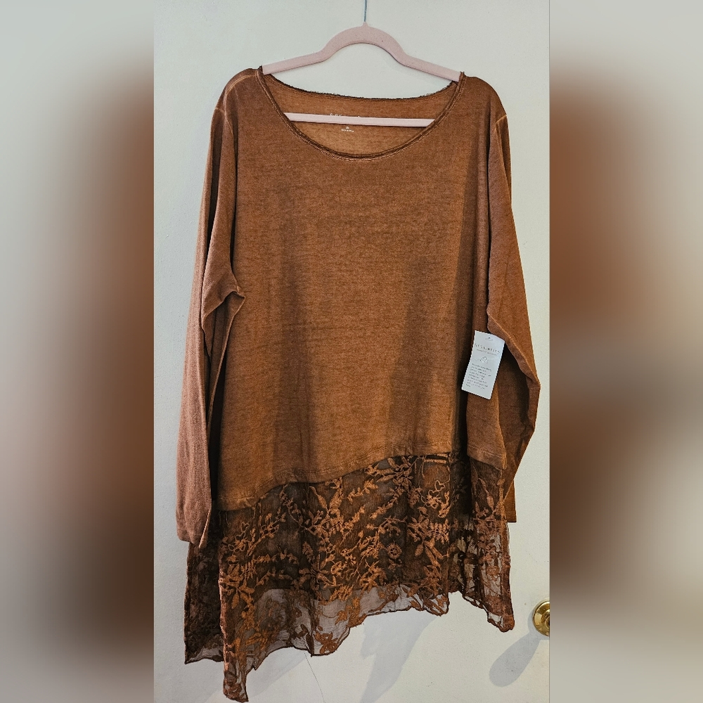 Soft Surroundings Brown Long Sleeve Top with Lace Hem